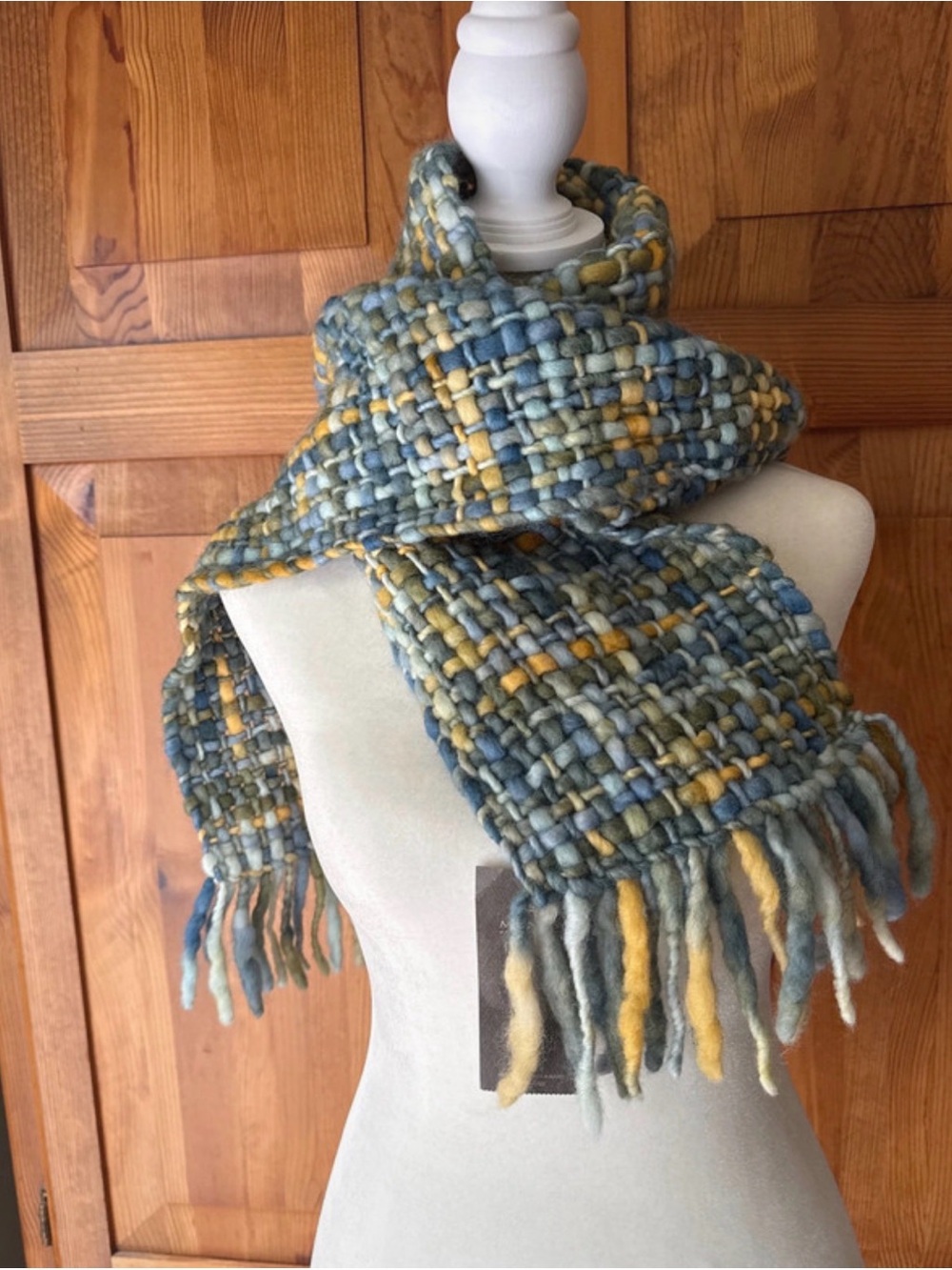 Handwoven Blue and Mustard Wool Scarf - Unbranded